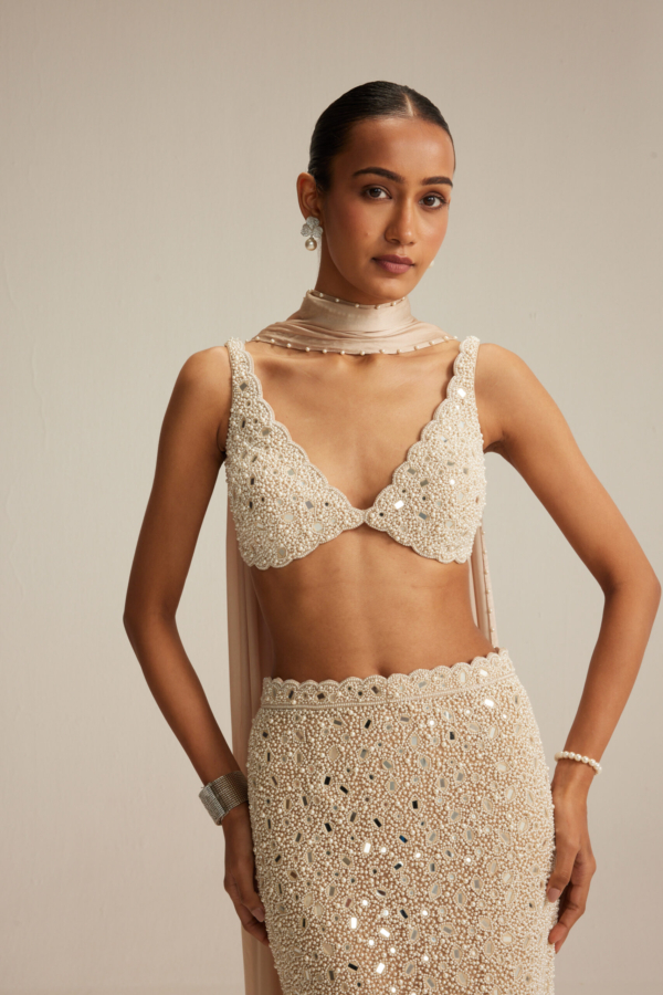 Light Beige Dense Pearl and Mirror Pencil Skirt with V Neck Blouse