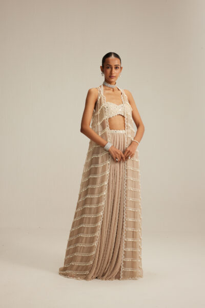 Light Beige Linear Pearl Drop Jacket Skirt Set