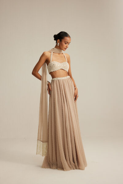 Light Beige Pearl Scattered Skirt with Halter neck Blouse