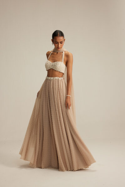 Light Beige Pearl Scattered Skirt with Halter neck Blouse