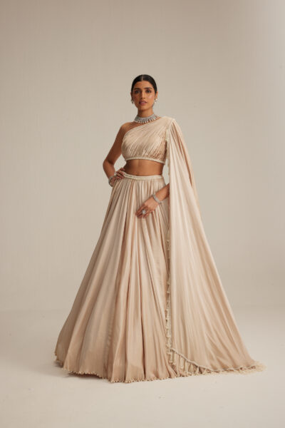 Light Beige One Shoulder Satin Lehenga Set