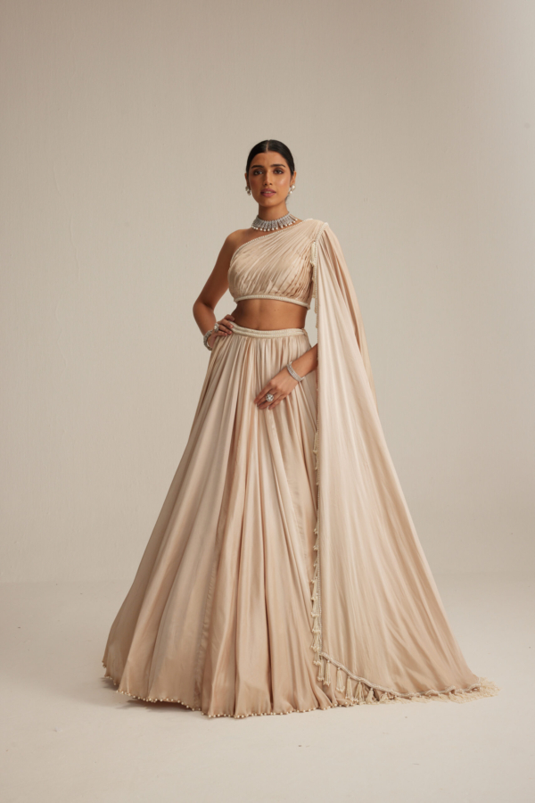Light Beige One Shoulder Satin Lehenga Set