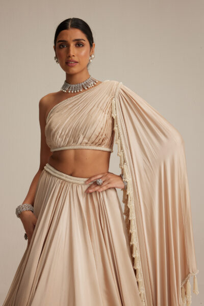 Light Beige One Shoulder Satin Lehenga Set