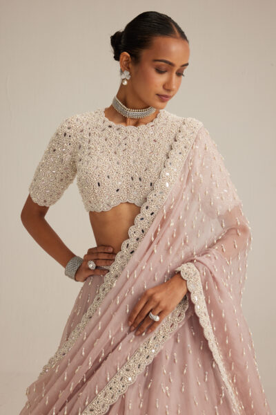 Ash Pink Pearl Drop Lehenga with high neck blouse