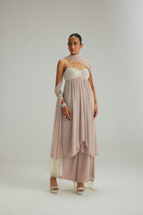 Ash Pink Mirror and Pearl Asymmetrical Kurta set