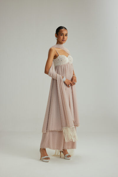 Ash Pink Mirror and Pearl Asymmetrical Kurta set
