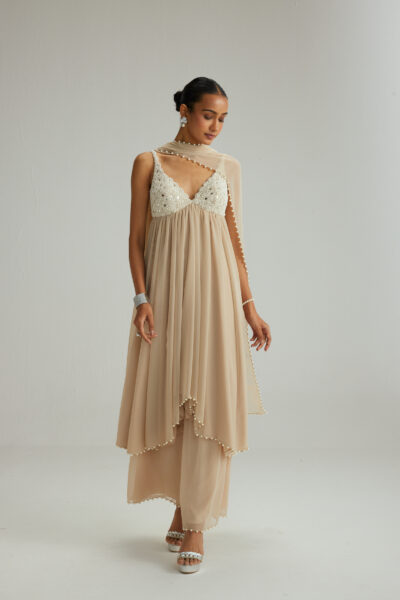 Light Beige Mirror and Pearl Asymmetrical Kurta set