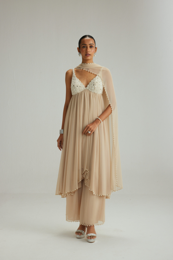 Light Beige Mirror and Pearl Asymmetrical Kurta set