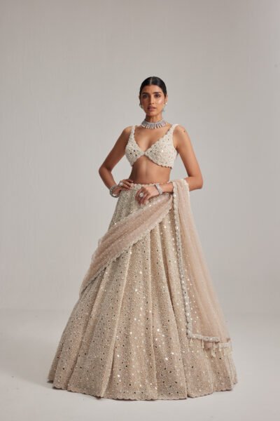 Light Beige Mirror & Pearl Bridal Lehenga Set