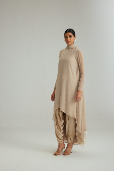 Light Beige Pearl Scattered Dhoti Kurta Set With Stole