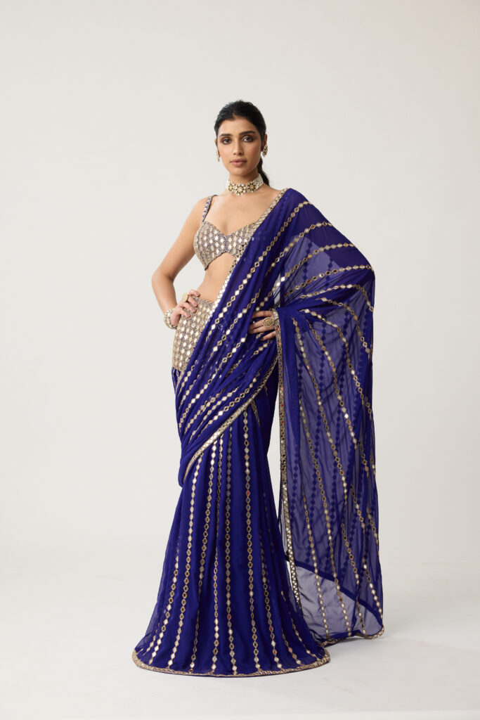 Persian Blue Fitted Linear Mirror Saree Set