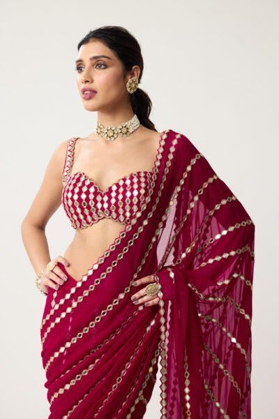 Ruby red Linear Mirror Saree Set