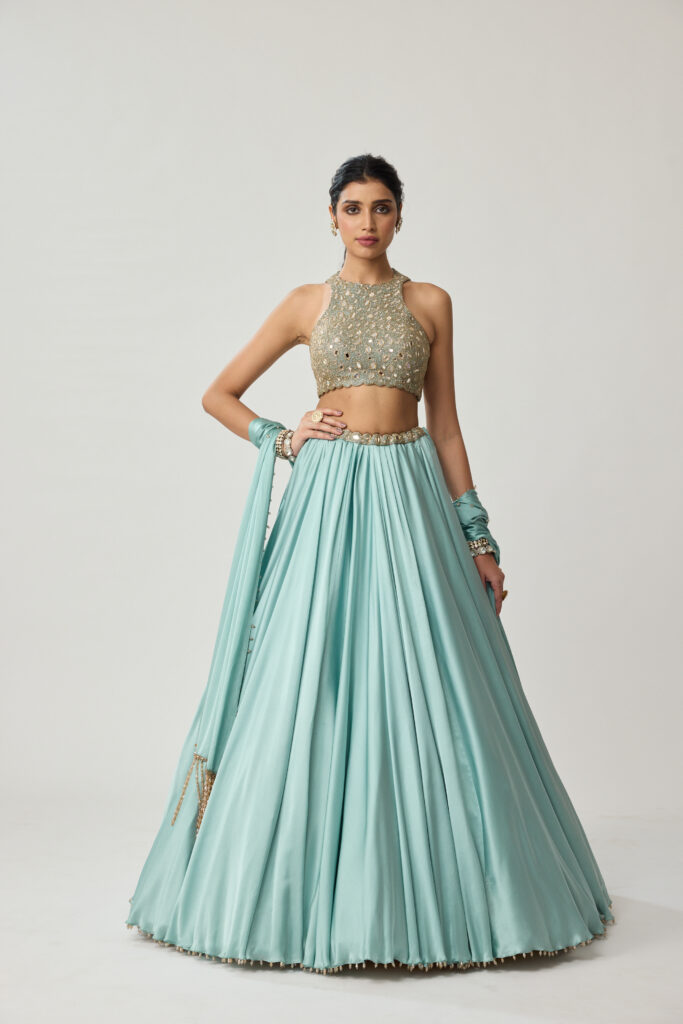 Powder Blue Mirror Satin skirt Set