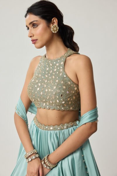 Powder Blue Mirror Satin skirt Set