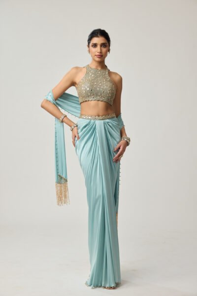 Powder Blue Mirror Satin draped skirt Set