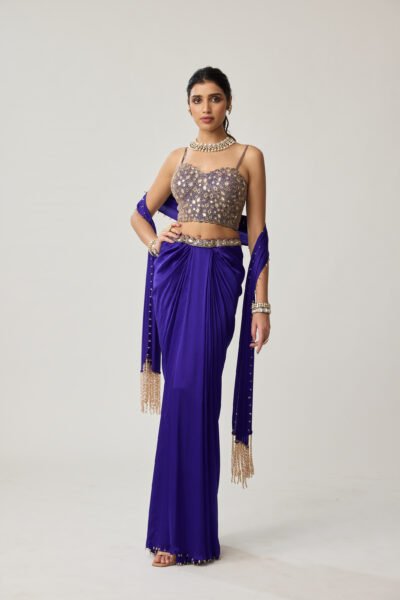Persian Blue Mirror Corset Satin draped skirt Set