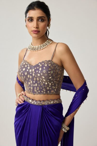 Persian Blue Mirror Corset Satin draped skirt Set