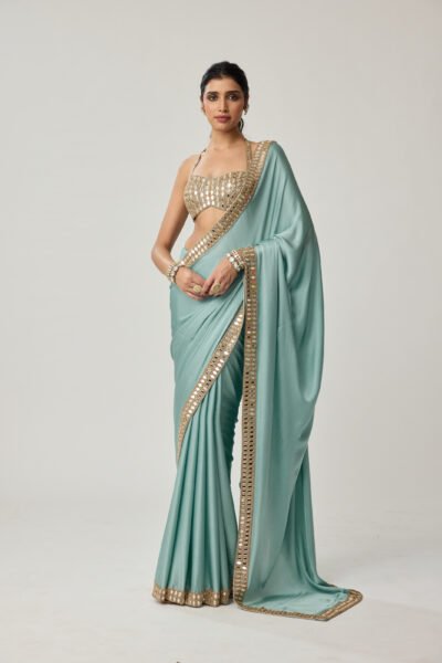 Powder Blue Mirror Satin Saree Set