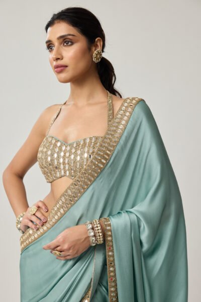 Powder Blue Mirror Satin Saree Set