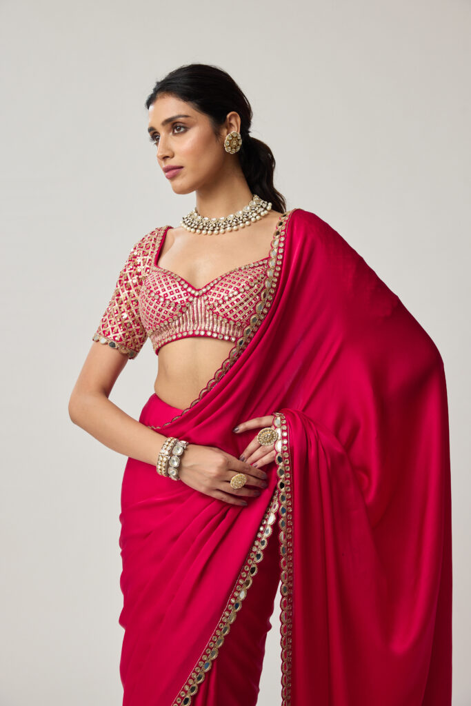 Crimson Red Gota Mirror Satin Saree Set