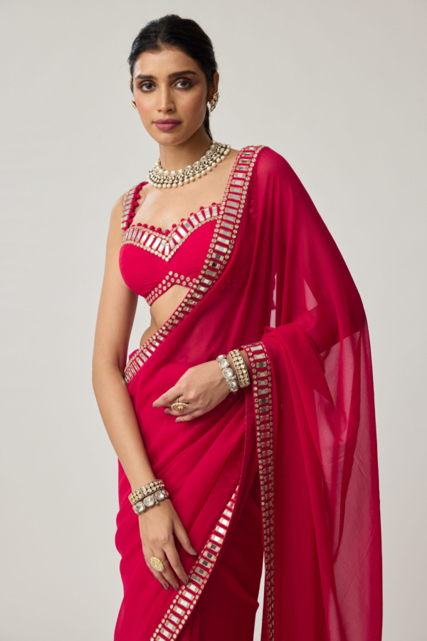 Crimson Red Mirror embroidered Georgette Saree Set