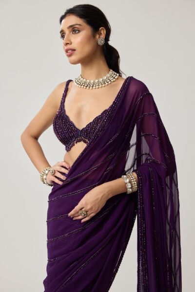 Royalty purple Crystal saree set