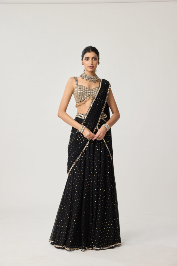 Black Georgette Flared pants Saree Set