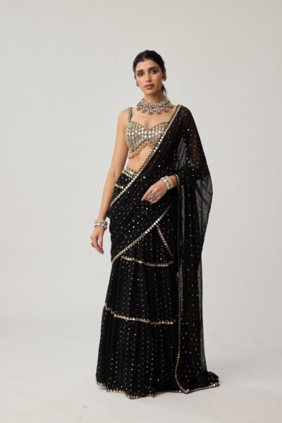 Black Georgette Multi-tier Saree Set