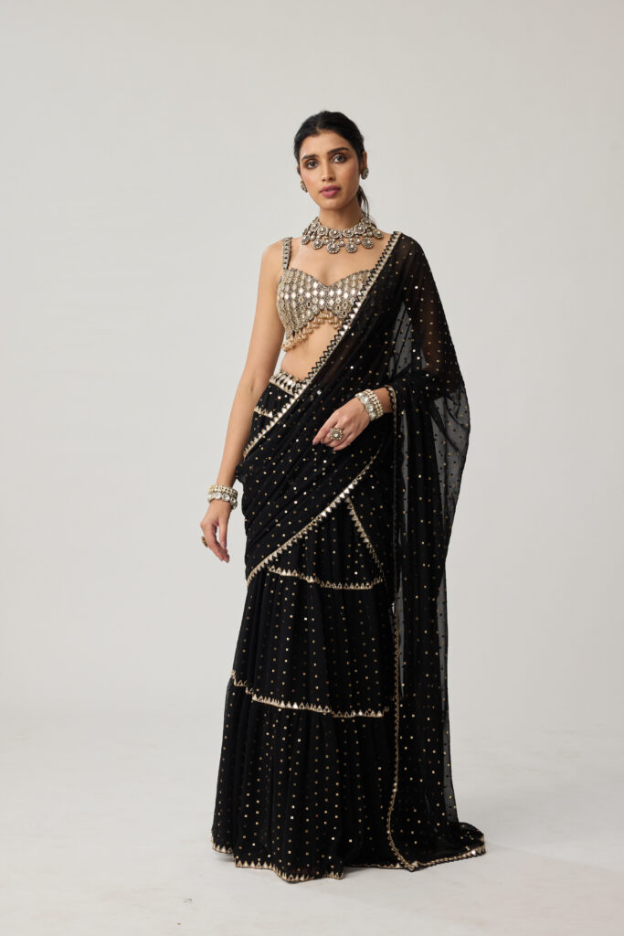 Black Georgette Multi-tier Saree Set