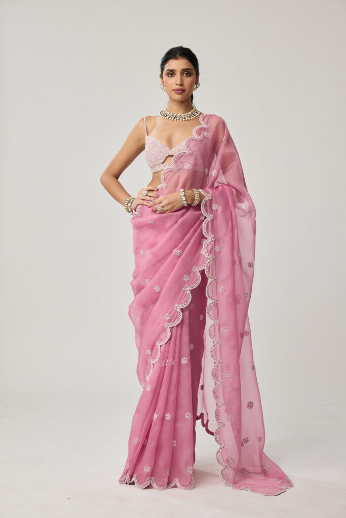 Onion Pink Organza Pearl saree set