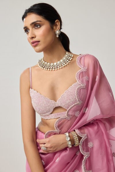 Onion Pink Organza Pearl saree set