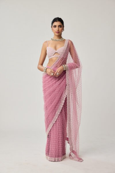 Blush Pink Pearl Scattered Net saree set