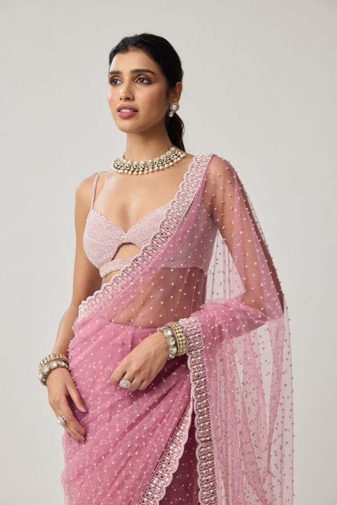 Onion Pink Pearl Scattered Net saree set