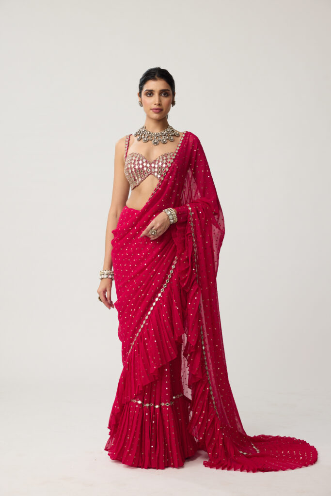 Crimson Red Ruffle Sequins Mirror Saree Set