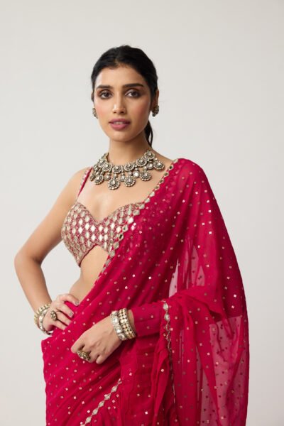 Crimson Red Ruffle Sequins Mirror Saree Set