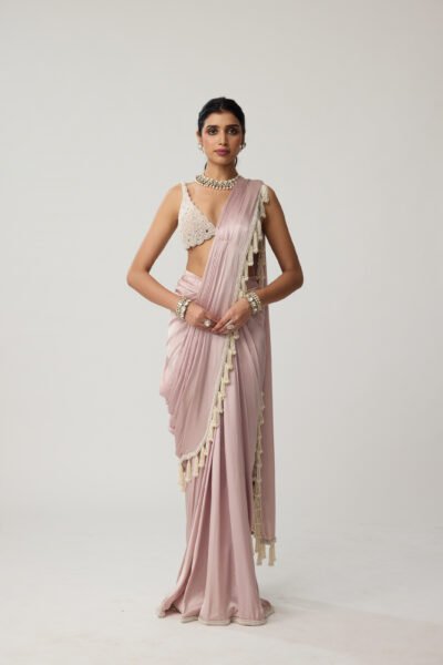 Ash Pink Pearl Satin draped Saree Set