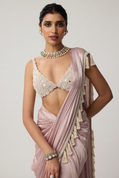 Ash Pink Pearl Satin draped Saree Set