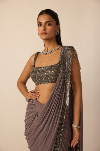 Metallic Grey Linear Draped Saree
