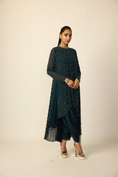 Dark Teal Silver Drop Kurta With Stole