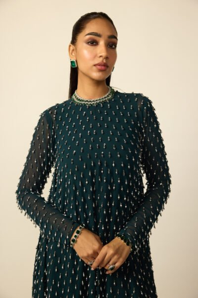 Dark Teal Silver Drop Kurta With Stole