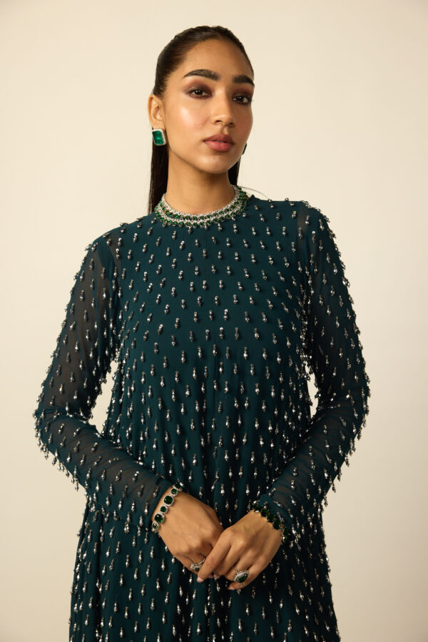 Dark Teal Silver Drop Kurta With Stole