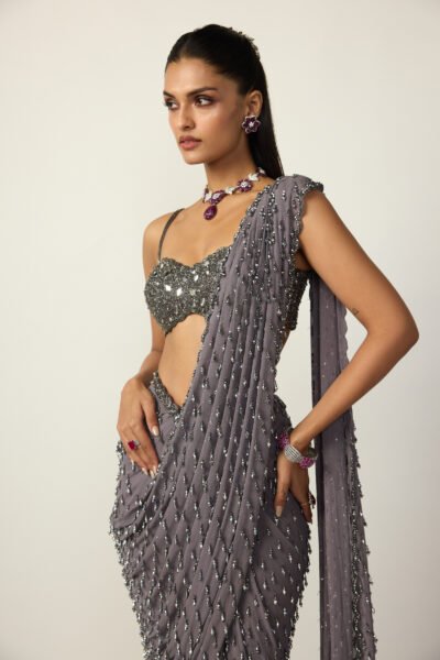 Metallic Grey Single Drop Draped Saree Set