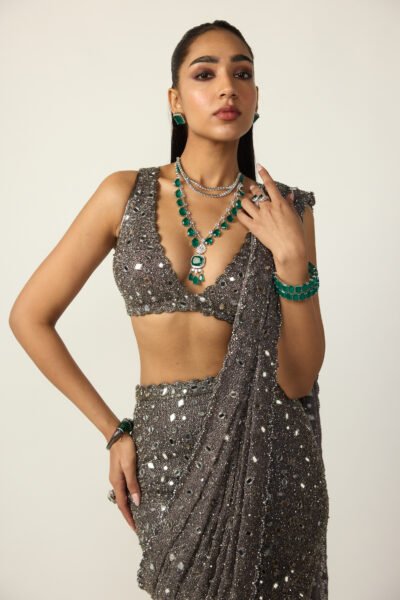 Metallic Grey Draped Saree Set