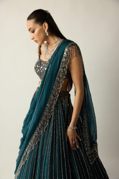 Dark Teal Linear Lehenga Set