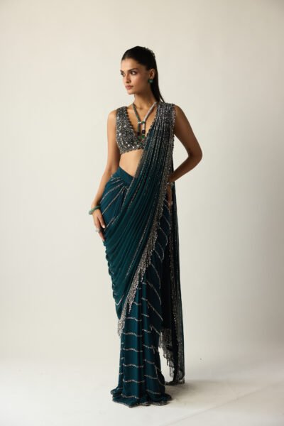 Dark Teal Linear Draped Saree