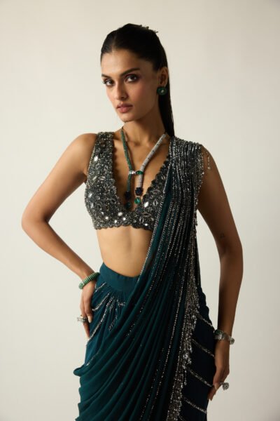 Dark Teal Linear Draped Saree