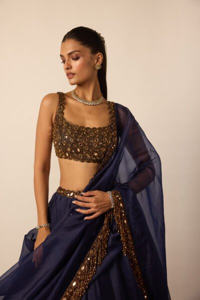 Deep Blue Tassel Dupatta Lehenga Set