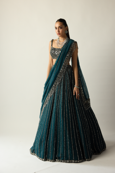 Dark Teal Linear Lehenga Set