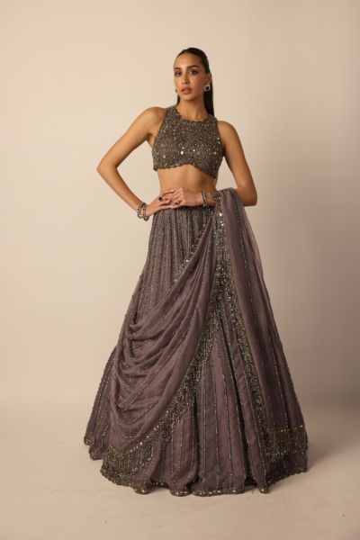 Metallic Grey Linear Lehenga Set