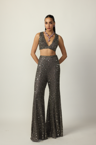 Metallic Grey Blouse Sharara Pant Set